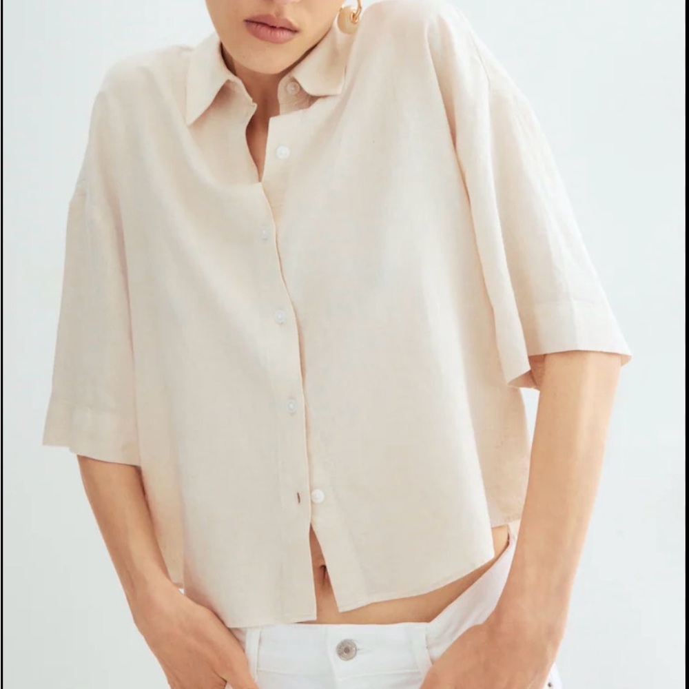 H&M Cream Button Down relaxed Fit Linen Blend Scandi Girl Cropped Top NWOT